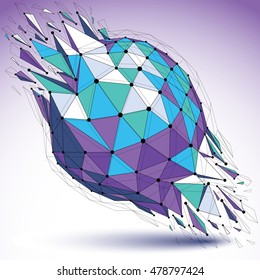 Abstract vector low poly wrecked object with black lines and dots connected. 3d origami futuristic spherical form with lines mesh. Digital technology network element.