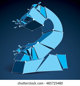 Abstract vector low poly wrecked number 2 with lines and dots connected. 3d origami blue futuristic demolished font with lines mesh.