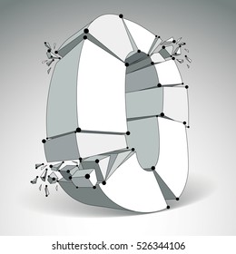 Abstract vector low poly wrecked zero number with black lines and dots connected. 3d origami futuristic monochrome demolished font with lines mesh.