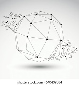 Abstract vector low poly wrecked object with black lines and dots connected. 3d transparent origami futuristic form with lines mesh and wreckage.