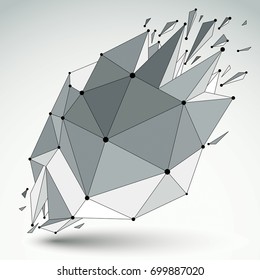 Abstract vector low poly wrecked object with black lines and dots connected. 3d origami futuristic form with lines mesh.