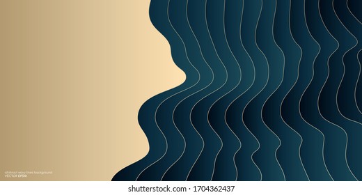 곡선 선 웨이브 패턴 오버레이를 통해 추상 벡터 럭셔리 배경 금과 어두운 청색 녹색 색입니다. 스톡 벡터