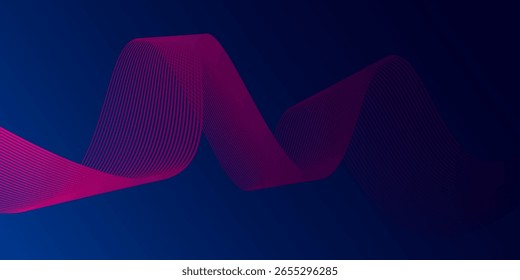 Abstract vector with magenta curved lines forming a wave on a dark blue gradient background. Modern, tech-inspired design perfect for digital themes and futuristic visuals.