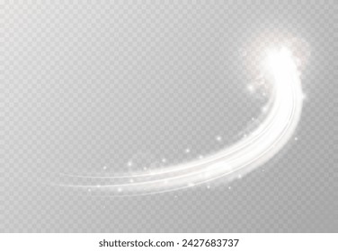 Abstract vector magic glow soaring up star trail light effect with neon blur curved lines. Sparkling dust star trail with bokeh. Rocket comet special white christmas effect on transparent background