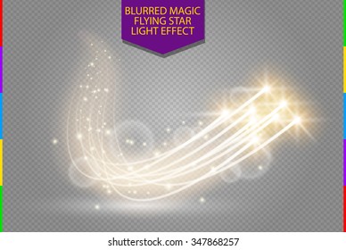 Abstract vector magic glow star light effect with neon blur curved lines. Sparkling dust star trail with bokeh. Special white and golden christmas effect on transparent background