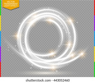 Abstract vector magic glow star trail light effect with neon blur curved line round flying. Sparkling dust with bokeh. Special white and golden christmas effect on transparent background