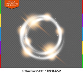 Abstract vector magic glow star trail light effect with neon blur curved line round flying. Special golden comet on transparent background.  Sparkling glowing round frame. Starlight moving backdrop