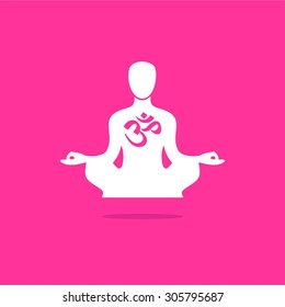 Abstract vector man in yoga lotus position on a pink background