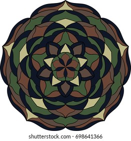 Abstract vector mandala in camouflage colors.Vintage decorative design element for fashion army and military style. Can be used for textile, prints, clothing, cards, invitations, poster, home decor.