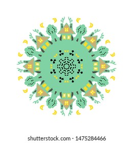 Abstract vector mandala decorative pattern in circle in northern style colors with stylized house buildings. Perfect for cards, invitations, stickers, pattern, web.