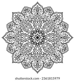 Abstrakte Vektormandala. Orientalische Ornamente. Design-Element im indischen Stil. Schwarz-Weiß-Kontur-Abbildung. Farbige Buchseite.