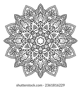 Abstract vector mandala. Oriental ethnic ornament. Indian style design element. Black and white illustration. Coloring book page.