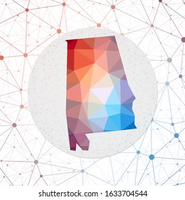 Abstract vector map of Alabama. Technology in the US state geometric style poster. Polygonal Alabama map on 3D triangular mesh background. EPS10 Vector.