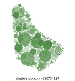abstract vector map of barbados filled with circles of different diameters and shades of color isolated on white background