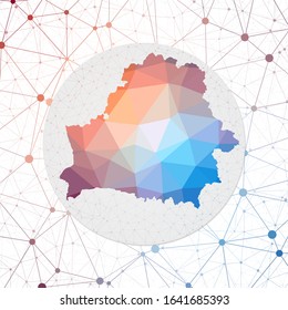 Abstract vector map of Belarus. Technology in the country geometric style poster. Polygonal Belarus map on 3d triangular mesh backgound. EPS10 Vector.