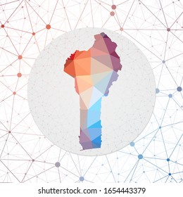 Abstract vector map of Benin. Technology in the country geometric style poster. Polygonal Benin map on 3d triangular mesh background. EPS10 Vector.