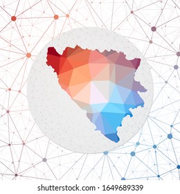 Abstract vector map of Bosnia. Technology in the country geometric style poster. Polygonal Bosnia map on 3d triangular mesh backgound. EPS10 Vector.