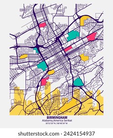 Mapa vector abstracto de la ciudad de Birmingham, Alabama, Estados Unidos, con combinaciones de colores para paredes y afiches caseros