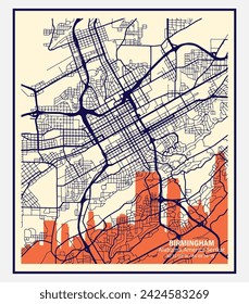 Mapa vectorial abstracto de la ciudad de Birmingham, Alabama, Estados Unidos, con combinaciones de colores para paredes y carteles de inicio