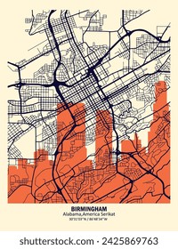 Mapa vectorial abstracto de la ciudad de Birmingham, Alabama, Estados Unidos, con combinaciones de colores para paredes y carteles de inicio