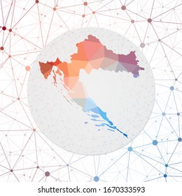 Abstract vector map of Croatia. Technology in the country geometric style poster. Polygonal Croatia map on 3d triangular mesh background. EPS10 Vector.