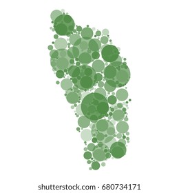 abstract vector map of dominica filled with circles of different diameters and shades of color isolated on white background
