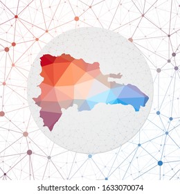 Abstract vector map of Dominicana. Technology in the country geometric style poster. Polygonal Dominicana map on 3d triangular mesh background. EPS10 Vector.