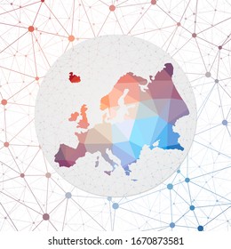 Abstract vector map of Europe. Technology in the continent geometric style poster. Polygonal Europe map on a 3D triangular mesh background. EPS10 Vector.