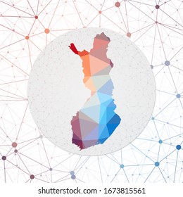 Abstract vector map of Finland. Technology in the country geometric style poster. Polygonal Finland map on 3D triangular mesh background. EPS10 Vector.