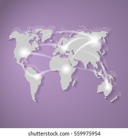 Abstract vector map in the flat style with the image areas and checkpoints on the continents