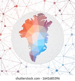 Abstract vector map of Greenland. Technology in the country geometric style poster. Polygonal Greenland map on 3D triangular mesh background. EPS10 Vector.