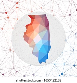 Abstract vector map of Illinois. Technology in the US state geometric style poster. Polygonal Illinois map on 3D triangular mesh background. EPS10 Vector.