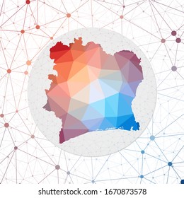 Abstract vector map of Ivory Coast. Technology in the country geometric style poster. Polygonal Ivory Coast map on 3d triangular mesh background. EPS10 Vector.