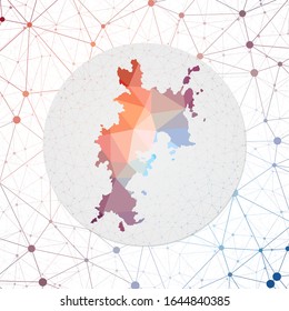 Abstract vector map of Komodo. Technology in the island geometric style poster. Polygonal Komodo map on 3D triangular mesh background. EPS10 Vector.