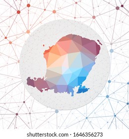 Abstract vector map of Lombok in a geometric style with a 3D triangular mesh background, representing technology and connectivity.