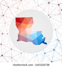 Abstract vector map of Louisiana in a geometric style with a 3D triangular mesh background. Technology-themed poster.