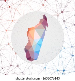 Abstract vector map of Madagascar. Technology in the country geometric style poster. Polygonal Madagascar map on 3d triangular mesh background. EPS10 Vector.