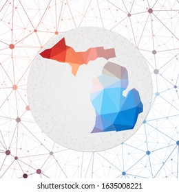 Abstract vector map of Michigan in a geometric style with a 3D triangular mesh background.