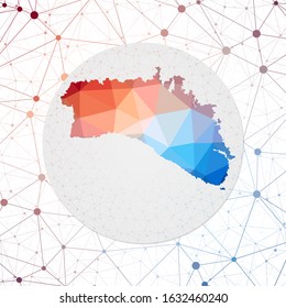 Abstract vector map of Minorca. Technology in the island geometric style poster. Polygonal Minorca map on 3D triangular mesh background. EPS10 Vector.