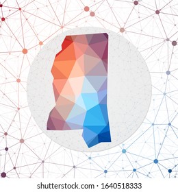 Abstract vector map of Mississippi. Technology in the us state geometric style poster. Polygonal Mississippi map on 3d triangular mesh backgound. EPS10 Vector.