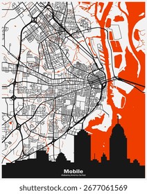 Mapa vetorial de Mobile, Alabama, Estados Unidos da América para Home Wall Poster