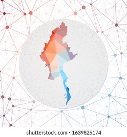 Abstract vector map of Myanmar. Technology in the country geometric style poster. Polygonal Myanmar map on 3d triangular mesh background. EPS10 Vector.