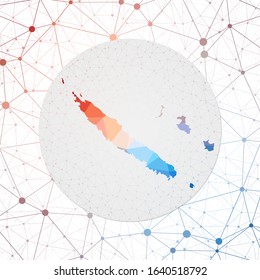 Abstract vector map of New Caledonia. Technology in the country geometric style poster. Polygonal New Caledonia map on 3D triangular mesh background. EPS10 Vector.