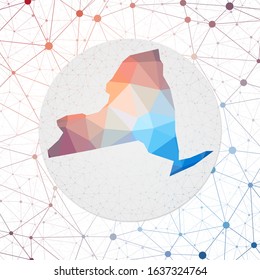 Abstract vector map of New York. Technology in the US state geometric style poster. Polygonal New York map on 3D triangular mesh background. EPS10 Vector.