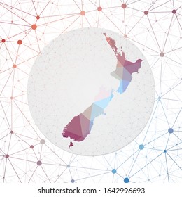 Abstract vector map of New Zealand. Technology in the country geometric style poster. Polygonal New Zealand map on 3D triangular mesh background. EPS10 Vector.