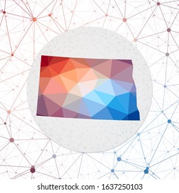 Abstract vector map of North Dakota. Technology in the US state geometric style poster. Polygonal North Dakota map on a 3D triangular mesh background. EPS10 Vector.