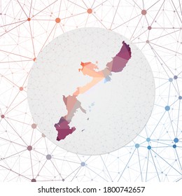 Abstract vector map of Okinawa Island. Technology in the island geometric style poster. Polygonal Okinawa map on 3D triangular mesh background. EPS10 Vector.