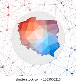 Abstract vector map of Poland. Technology in the country geometric style poster. Polygonal Poland map on 3d triangular mesh backgound. EPS10 Vector.