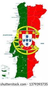 Abstract vector map of Portugal country coloured by national flag - Detailed map of Portugal vector illustration - All elements are separated in editable layers clearly labeled.
