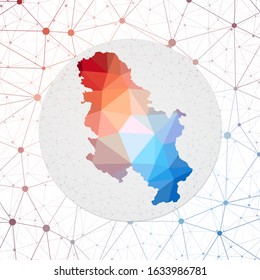 Abstract vector map of Serbia. Technology in the country geometric style poster. Polygonal Serbia map on 3d triangular mesh backgound. EPS10 Vector.
